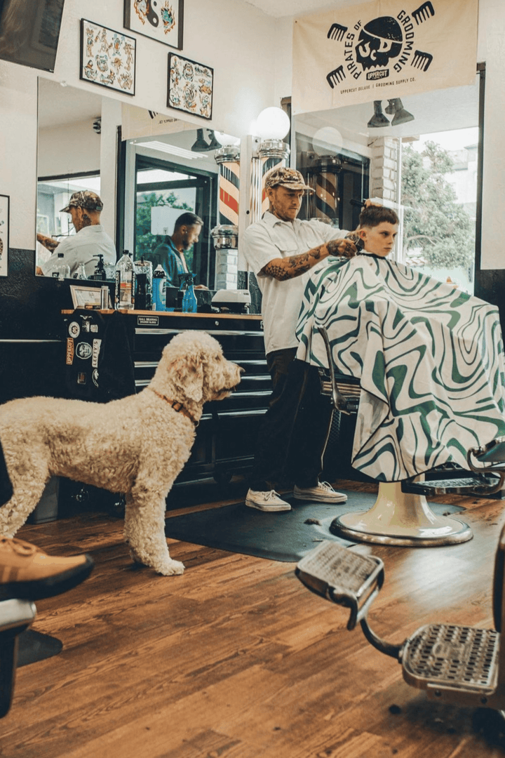 A barber with a customer wearing the Aurora Barber Cape by High Top Capes